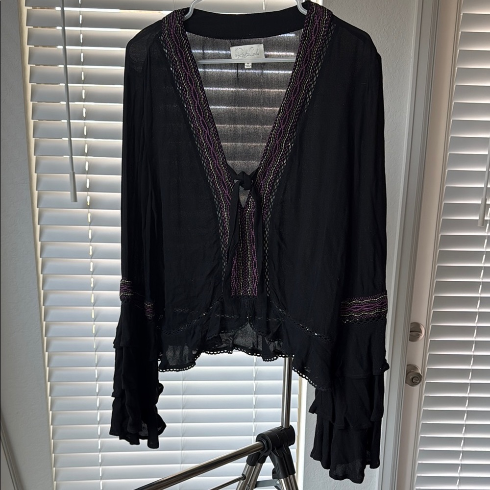 Black and Purple Ruffled Bell Sleeve Blouse with Tie Front